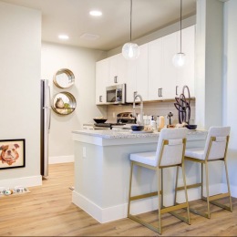 Sendero at Trace serves up desirable kitchen designs like this for you to enjoy. What do you love most about this layout? kitchen with a bar and bar stools and dog bowls