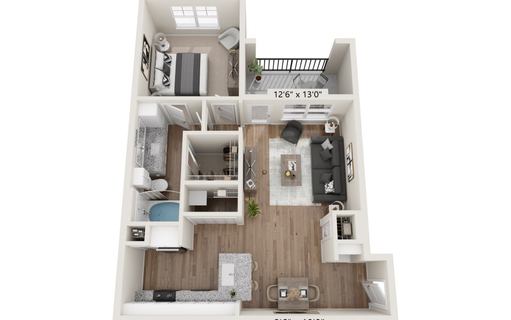 A1 - 1 bedroom floorplan layout with 1 bath and 775 square feet.